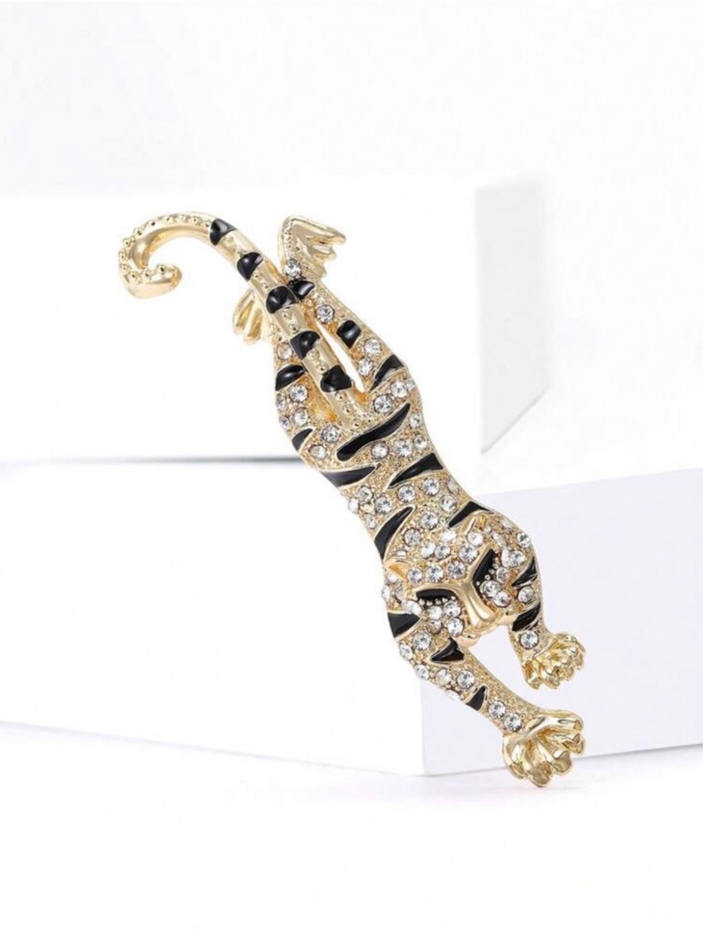 Gold-Tone Crystal Tiger Brooch with Black Enamel Stripes